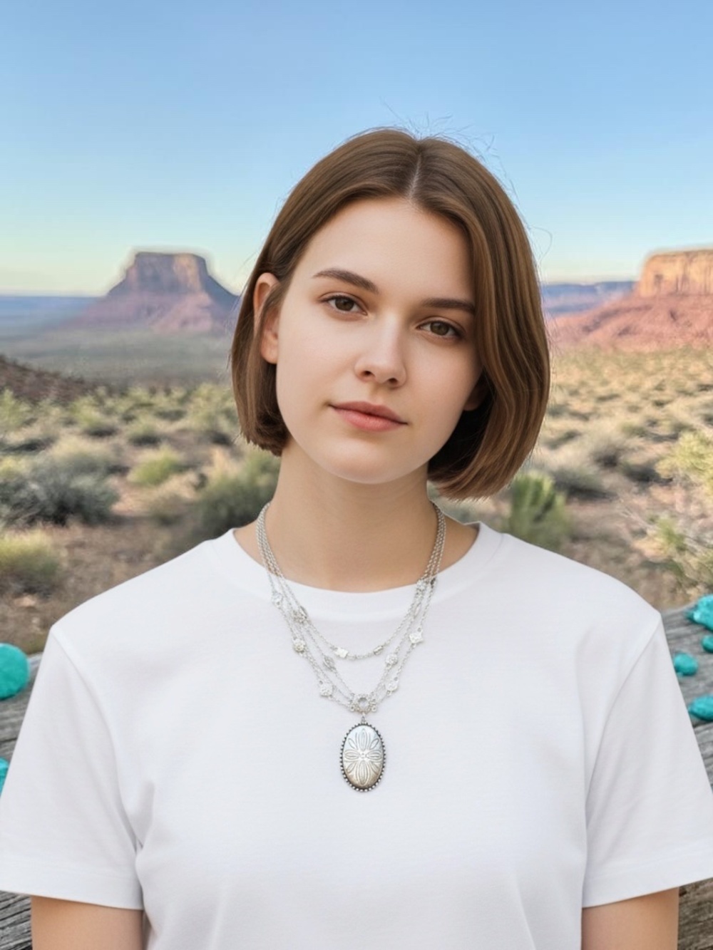 Southwestern Style Silvertone Etched Pendant Necklace Triple Layer Chain - 18"